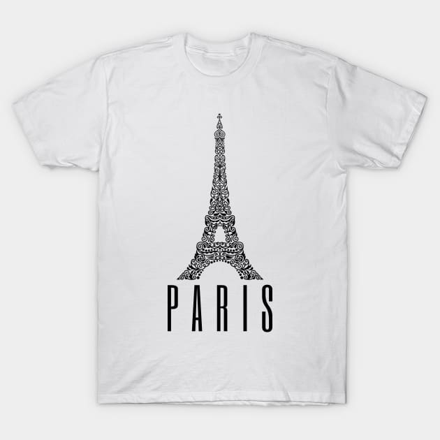 Paris France Eiffel Tower Art Design Black T-Shirt by Pattern Plans